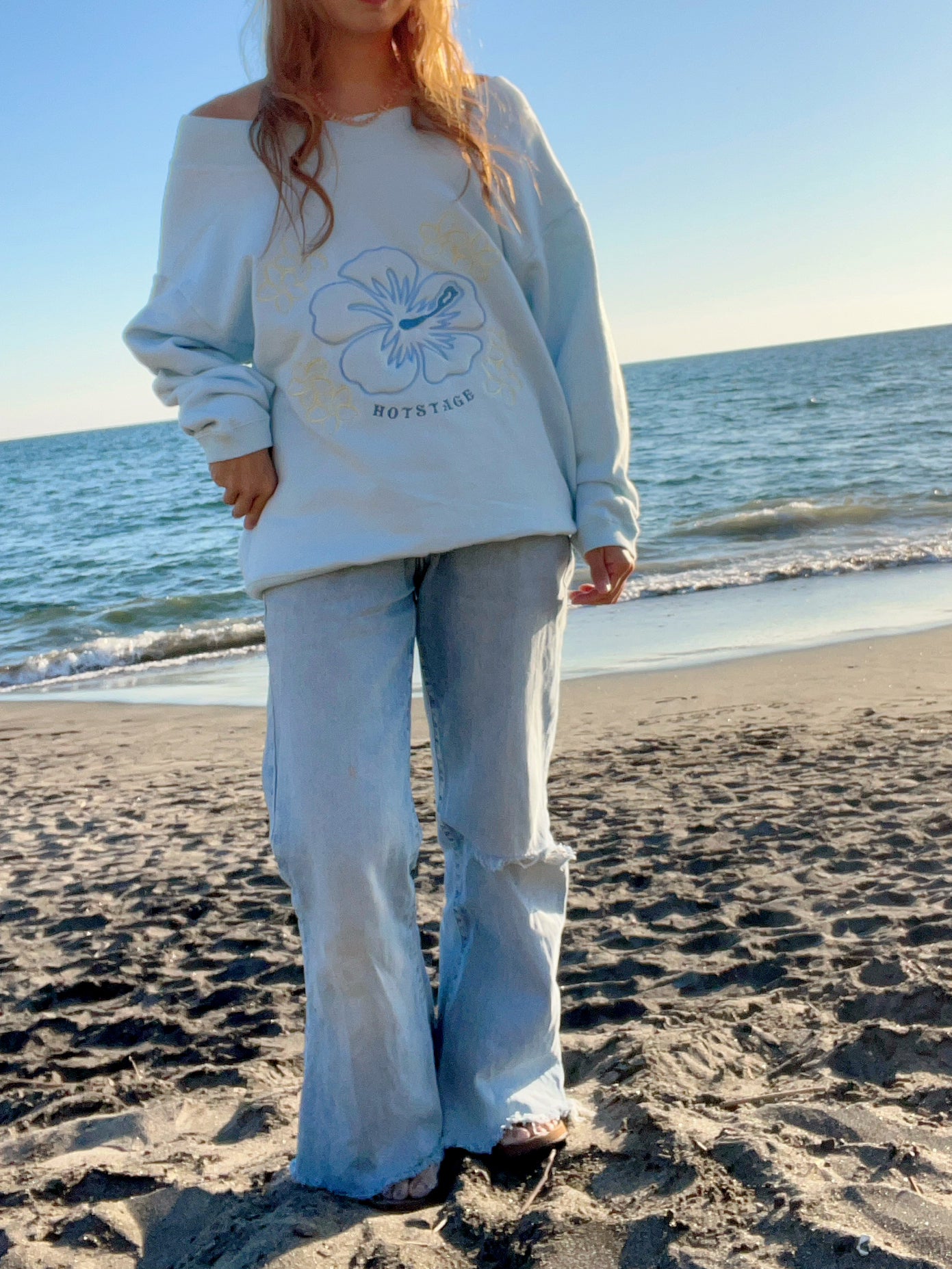 【Girls Surf Collection】90's HOT STAGE Hibiscus Sweat shirt Blue(Free size)