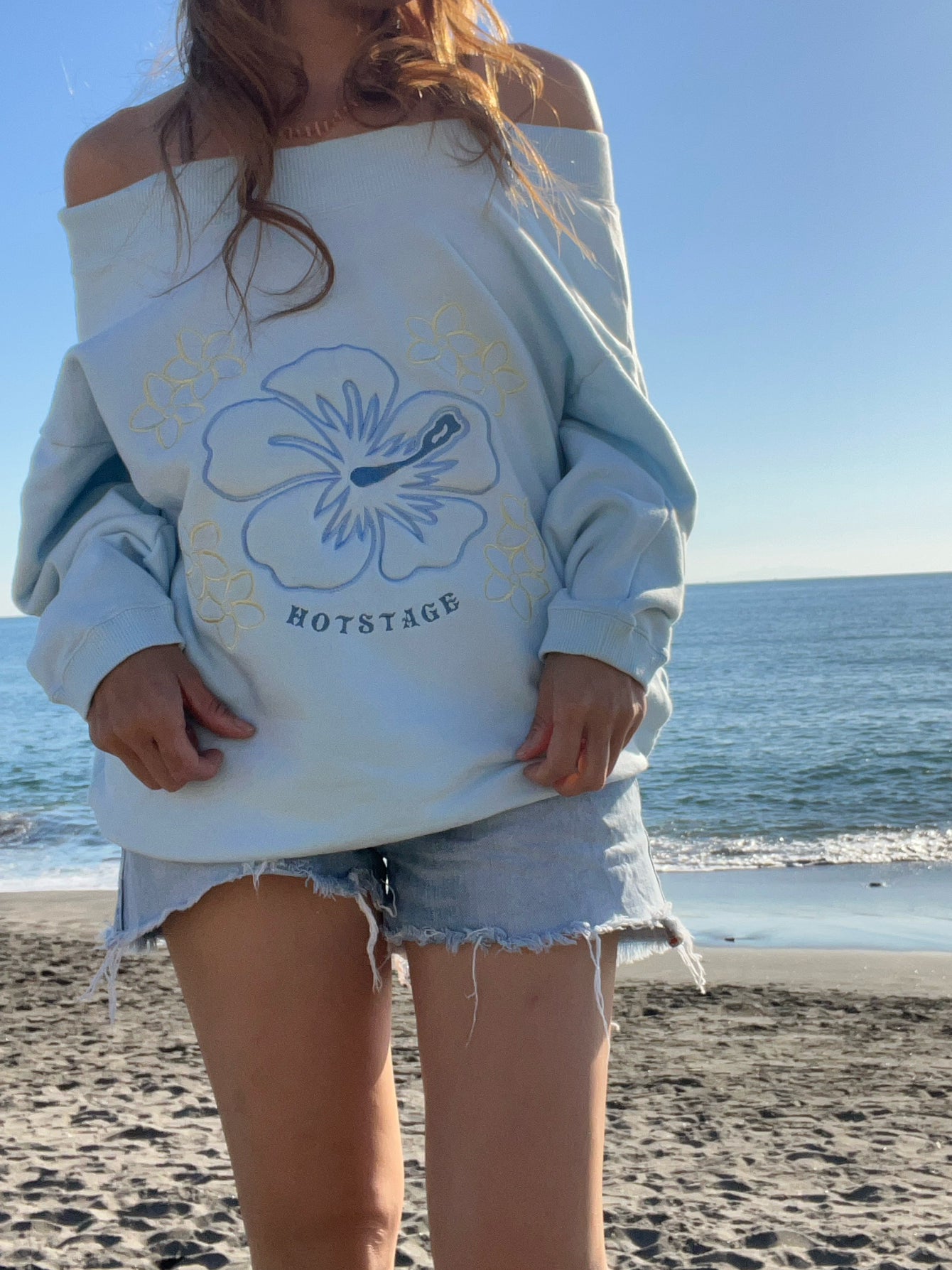 【Girls Surf Collection】90's HOT STAGE Hibiscus Sweat shirt Blue(Free size)