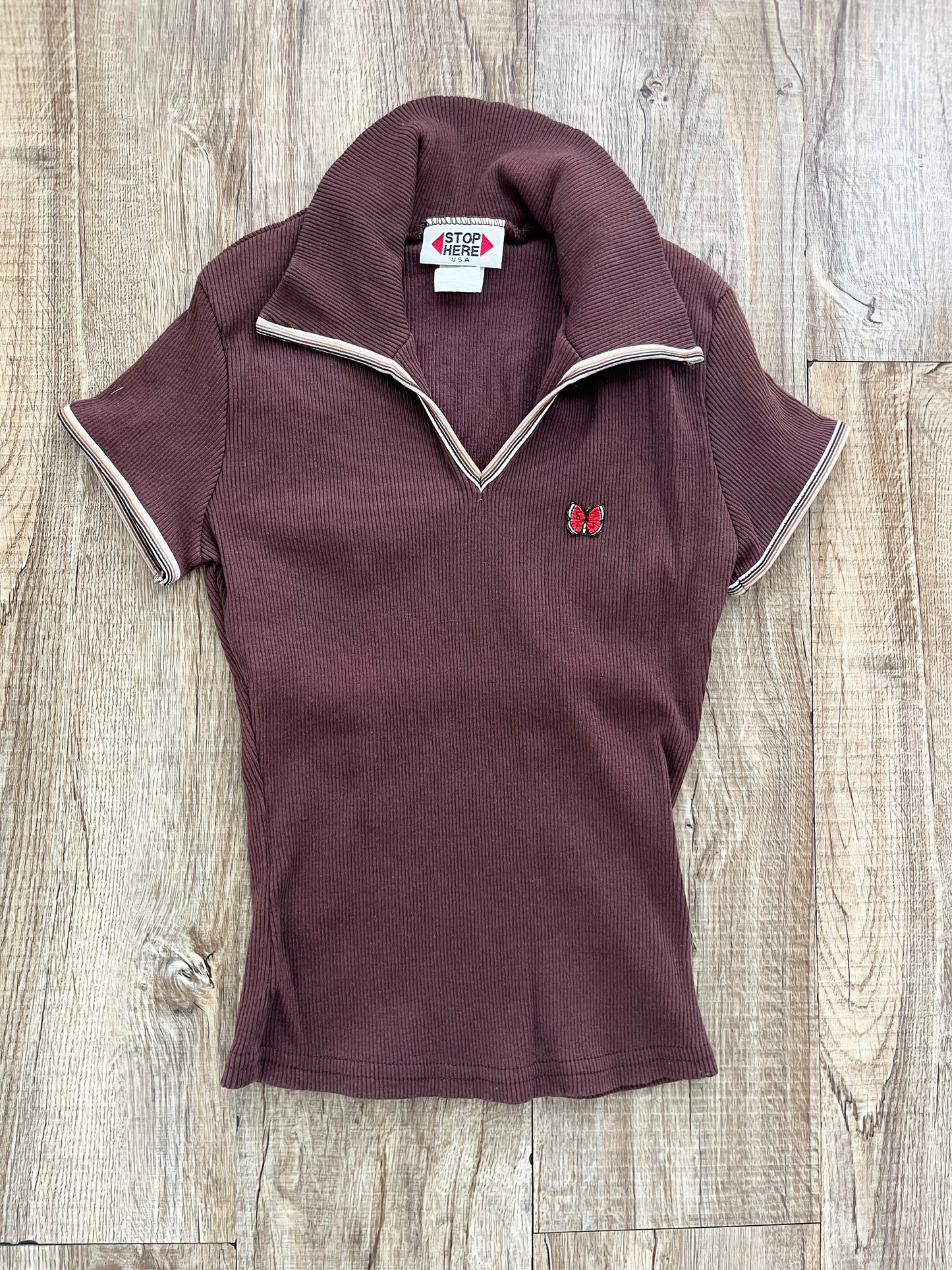 90's STOP HERE USA V-neck shirt brown 1 (SMALL)