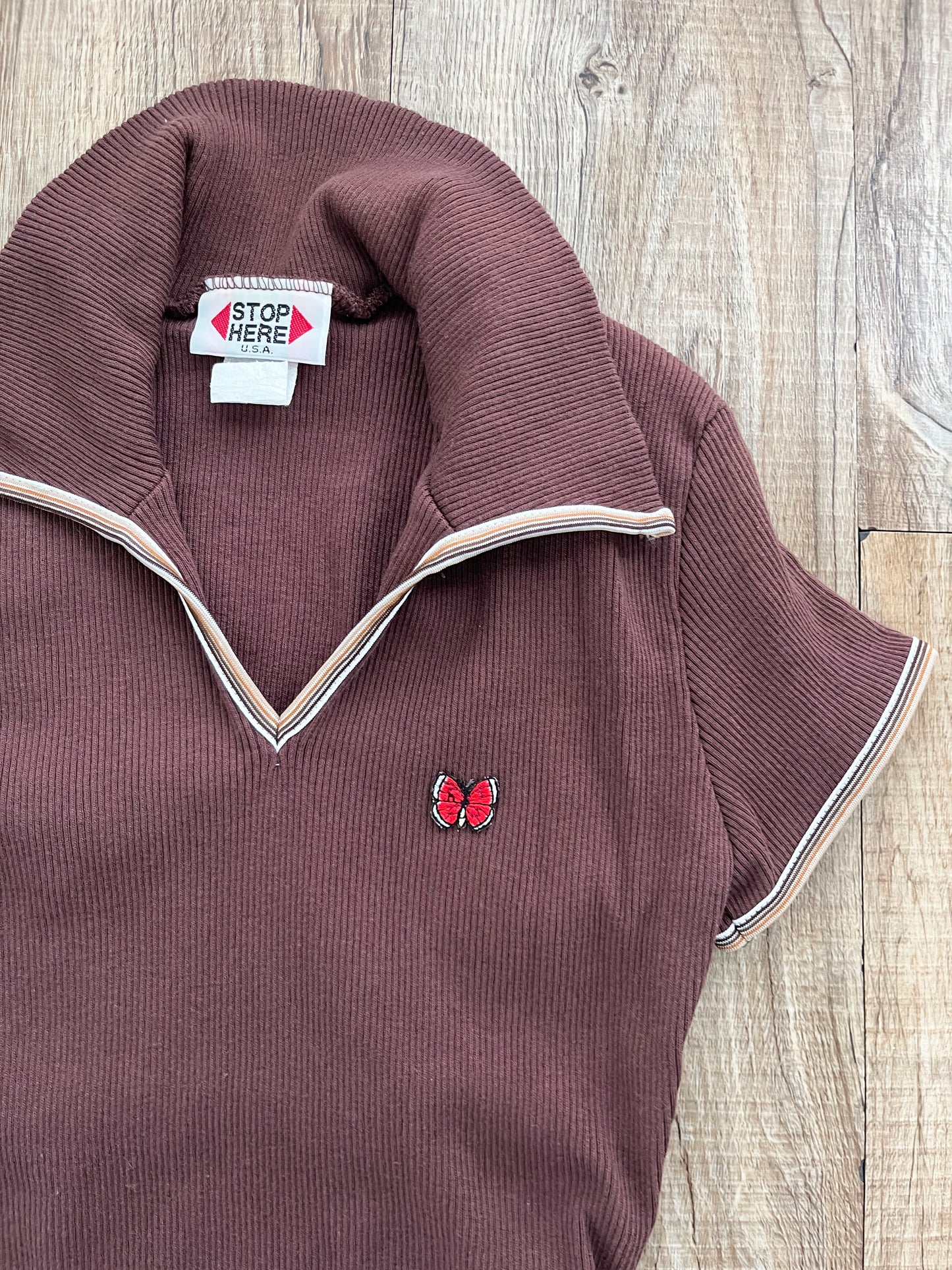 90's STOP HERE USA V-neck shirt brown 1 (SMALL)