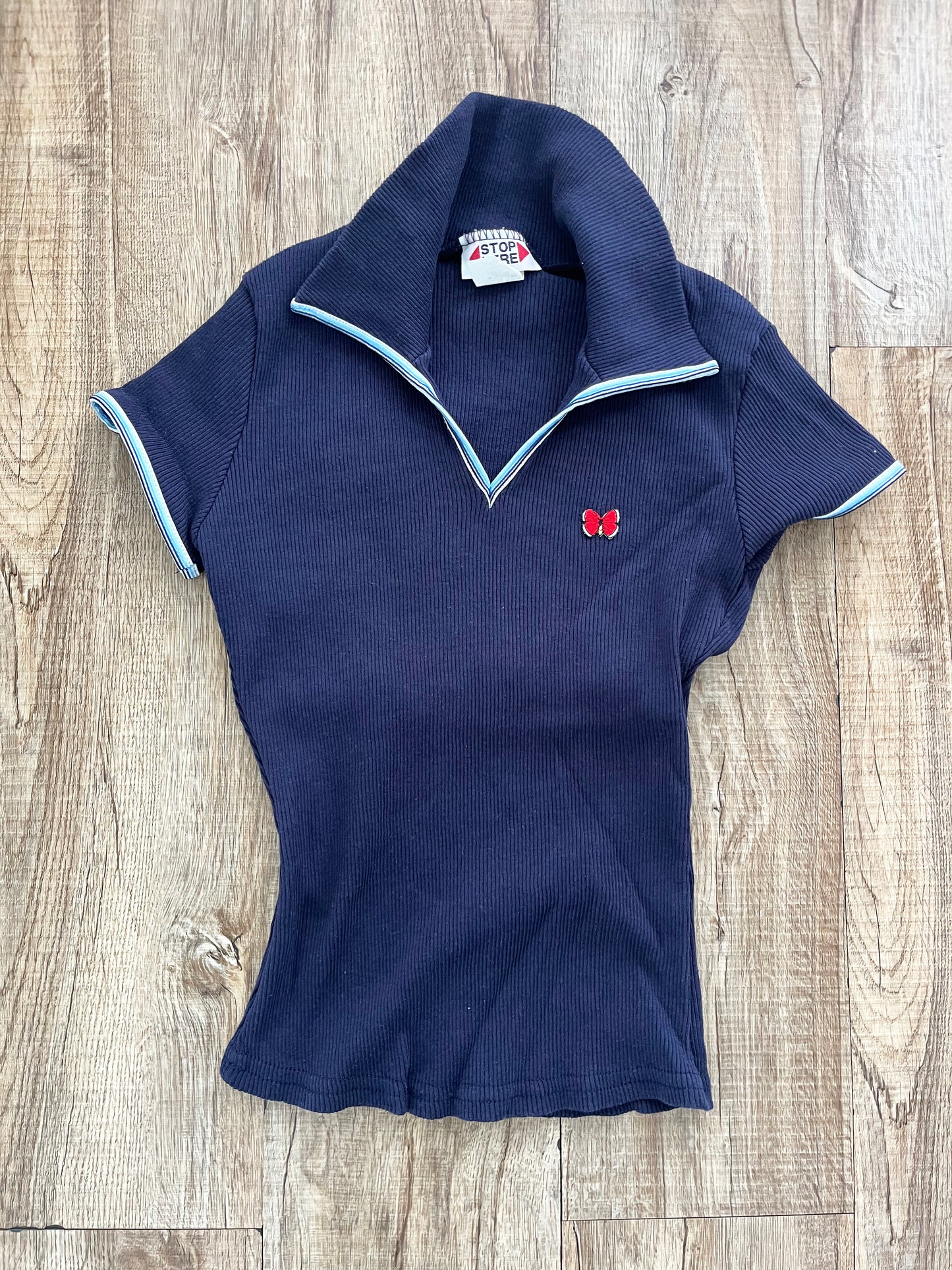 90's STOP HERE USA V-neck shirt Navy 2(SMALL)