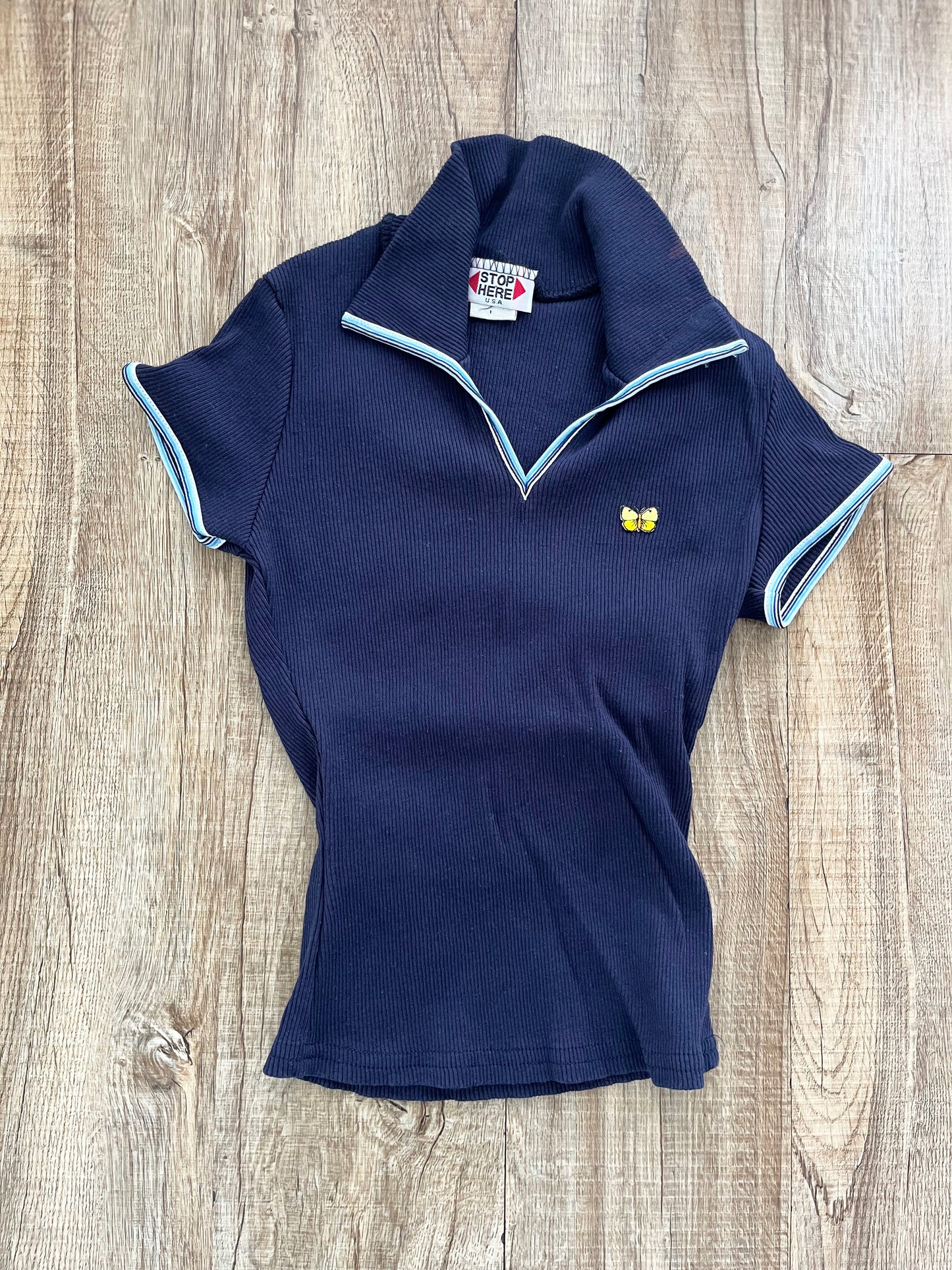 90's STOP HERE USA V-neck shirt Navy 1 (SMALL)