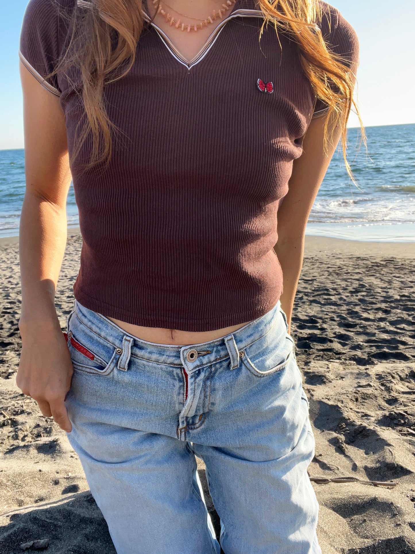 90's STOP HERE USA V-neck shirt brown 1 (SMALL)