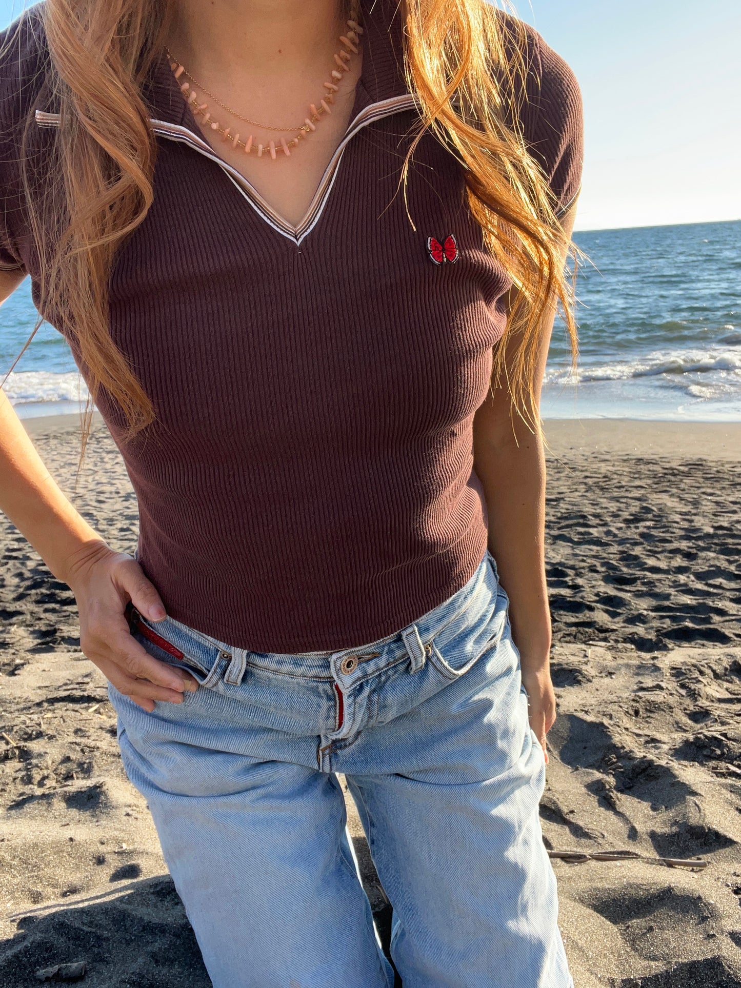 90's STOP HERE USA V-neck shirt brown 1 (SMALL)