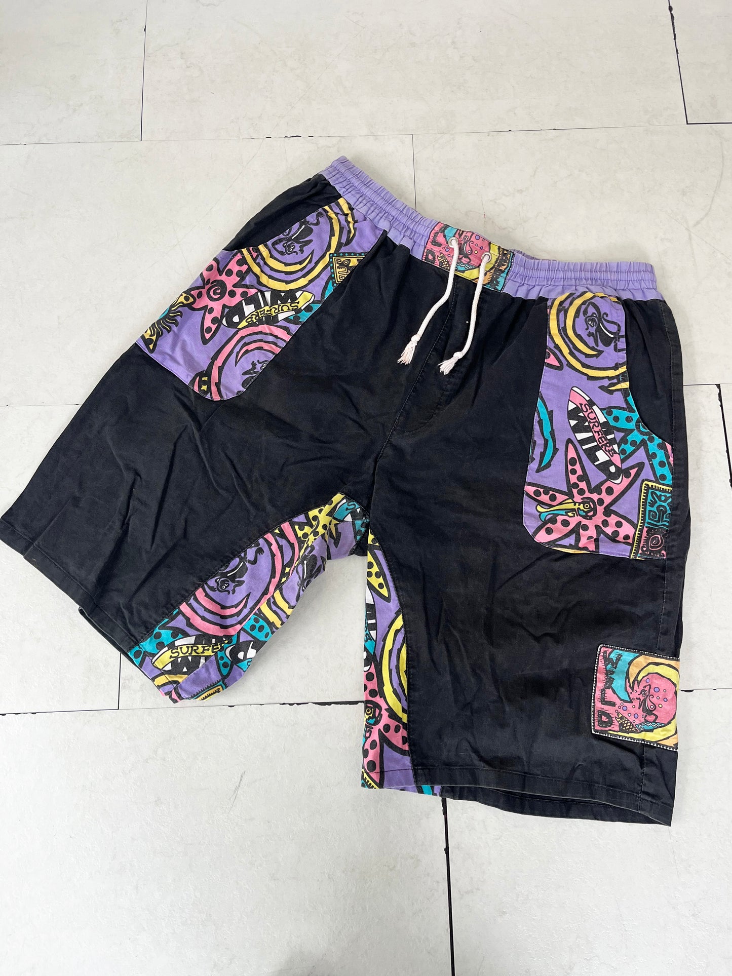 80's Black WILD Surfers Cotton Beach Shorts (men's XL)