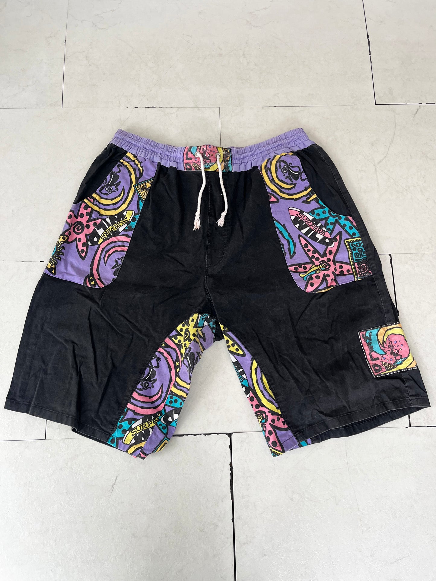 80's Black WILD Surfers Cotton Beach Shorts (men's XL)