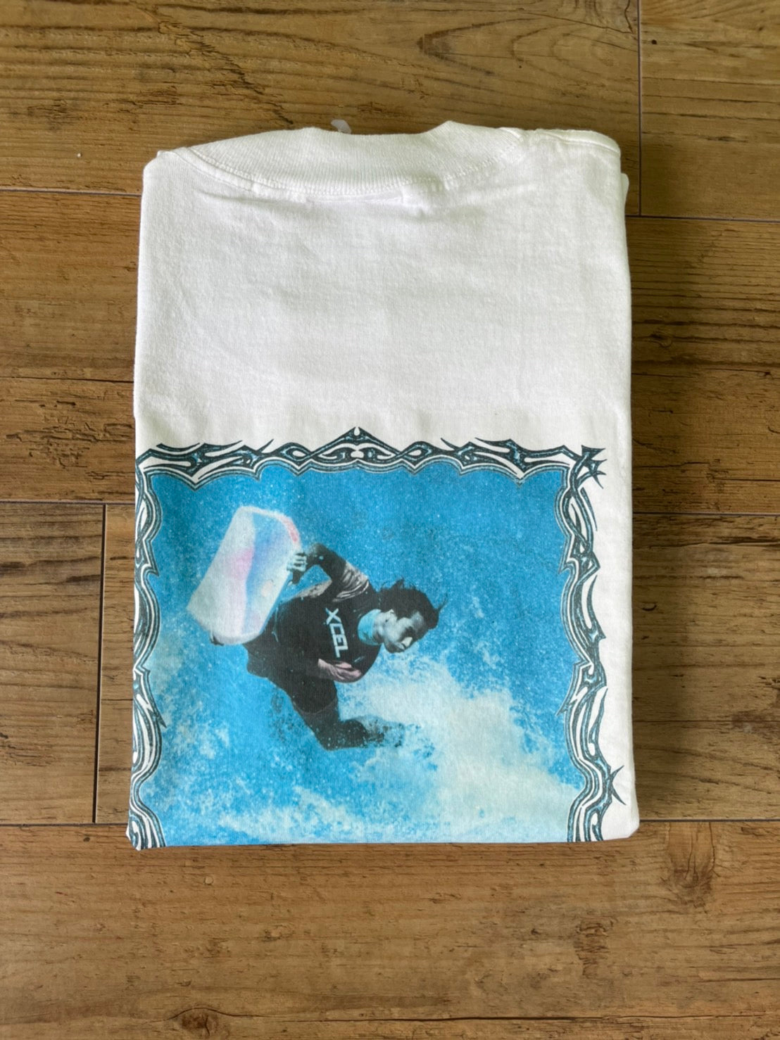 【vintage】90's Aaron Chang Body Board Photo Graphic T-shirt Made in USA(men's L)