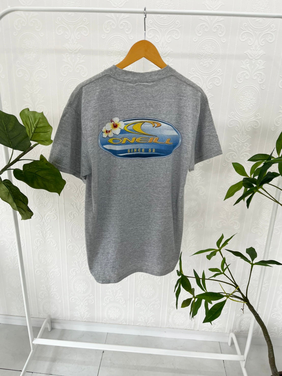 【DeadStock one wash】 90's O'NEILL Hibiscus Big Logo T-shirt Grey (men's S)