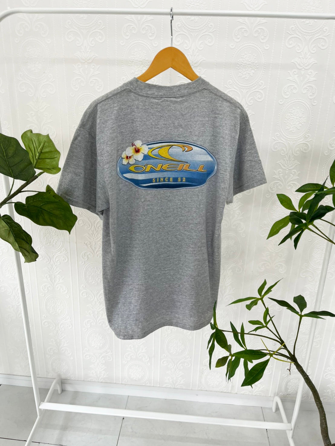 【DeadStock one wash】 90's O'NEILL Hibiscus Big Logo T-shirt Grey (men's S)