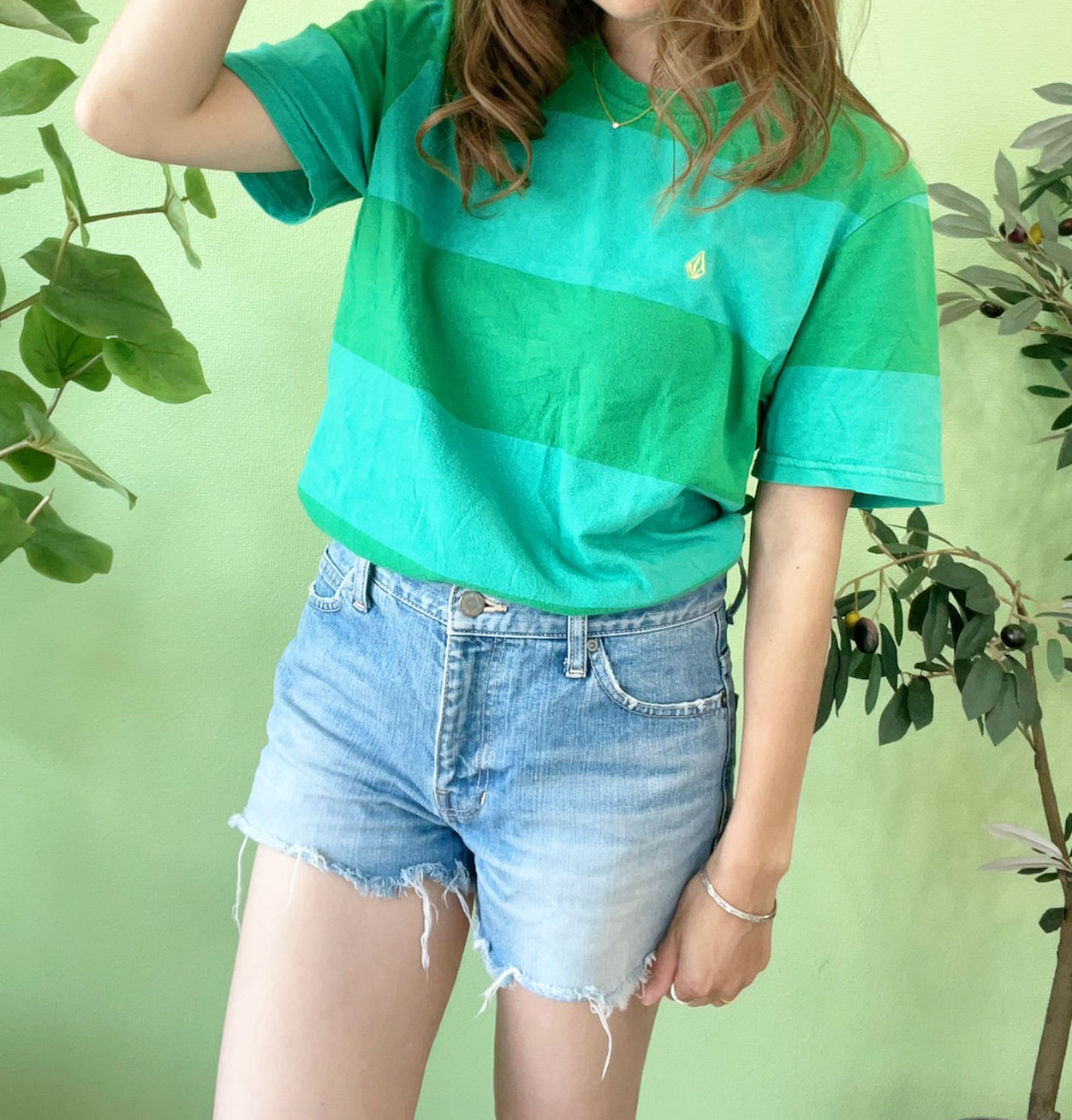 00's VOLCOM vintage green striped T-shirt (size M)