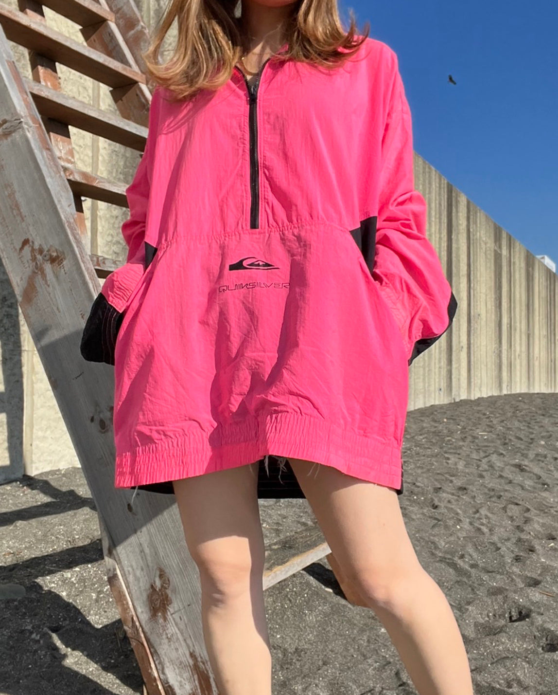 【QUIK SILVER】80's vintage クィックシルバー ハーフジップ ナイロンジャケット マゼンダ メキシコ製 (men's L相当)
