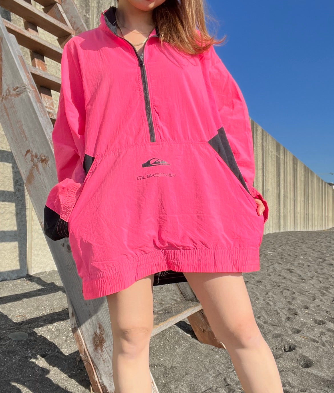 【QUIK SILVER】80's vintage クィックシルバー ハーフジップ ナイロンジャケット マゼンダ メキシコ製 (men's L相当)