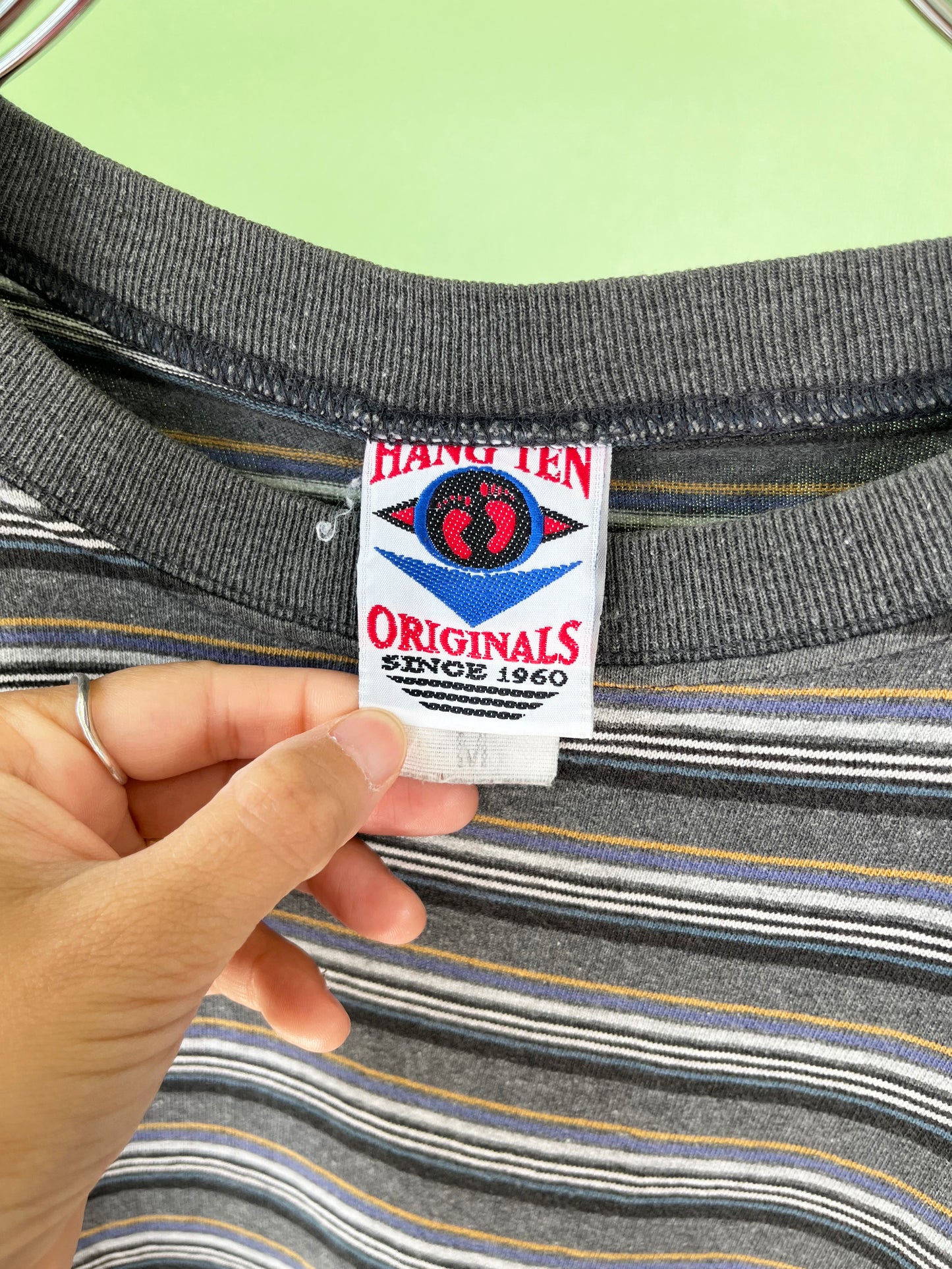 【HANG TEN】90's grey hang ten stripe T-shirt made in USA (men's M)
