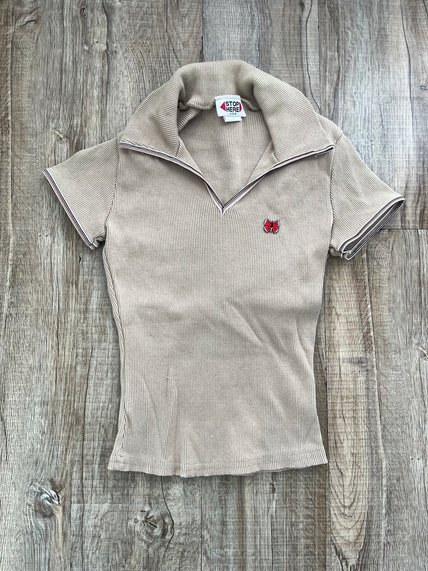 90's STOP HERE USA V-neck shirt Beige (SMALL)