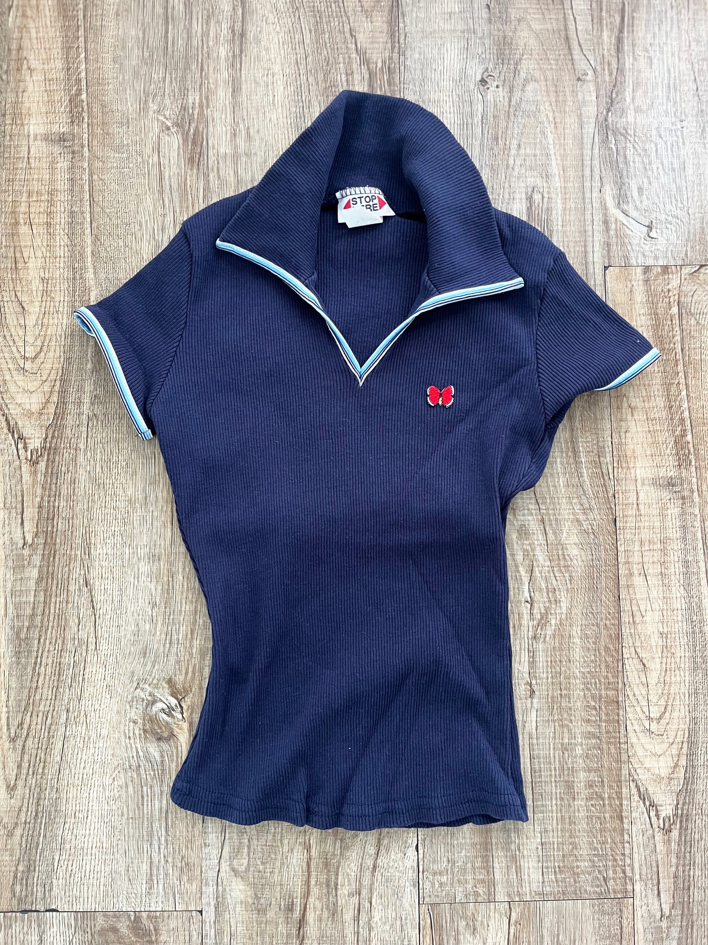 90's STOP HERE USA V-neck shirt Navy 2(SMALL)