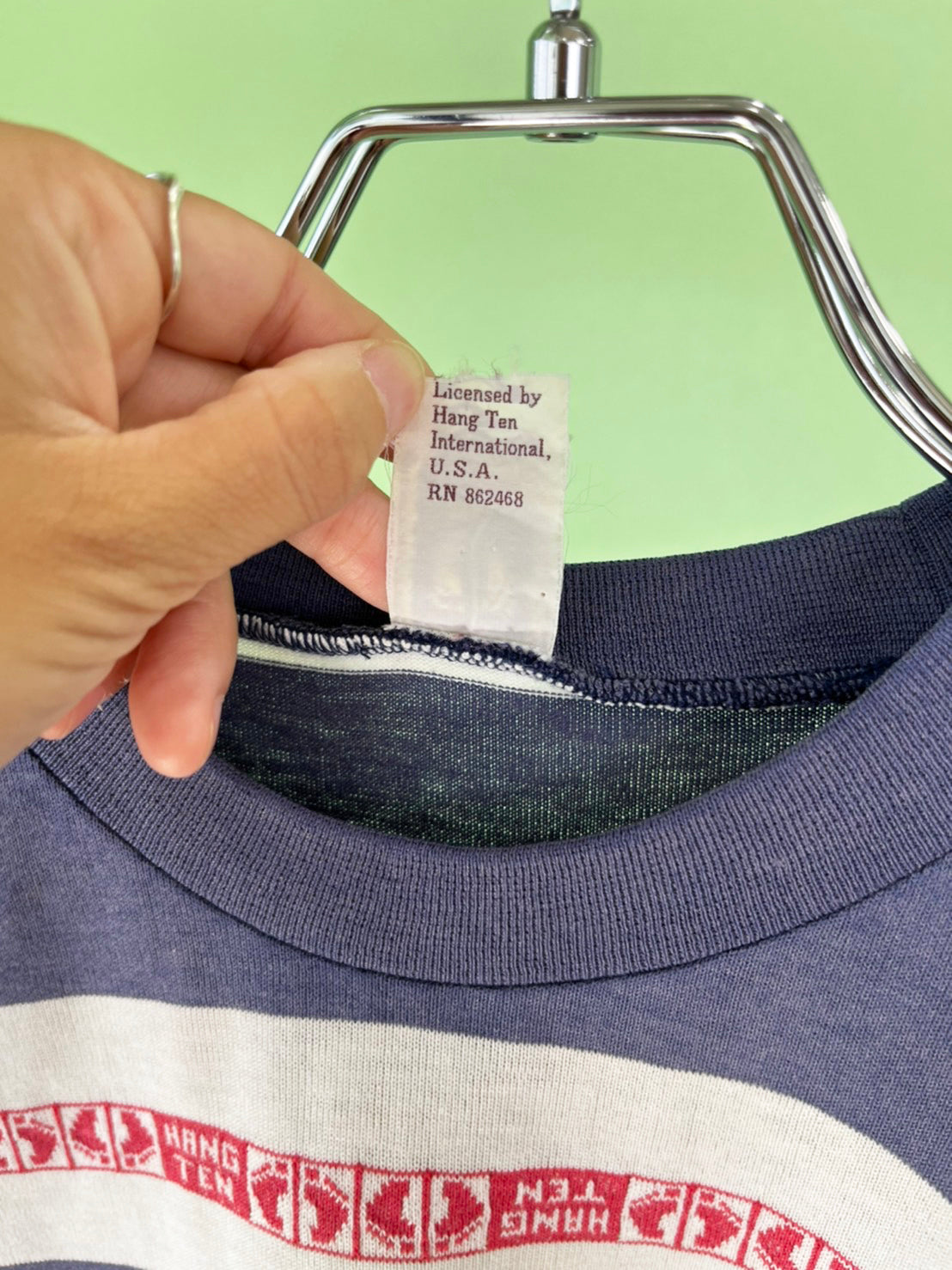 【HANG TEN】80's〜90's stripe blue T-shirt made in USA (men's M相当)
