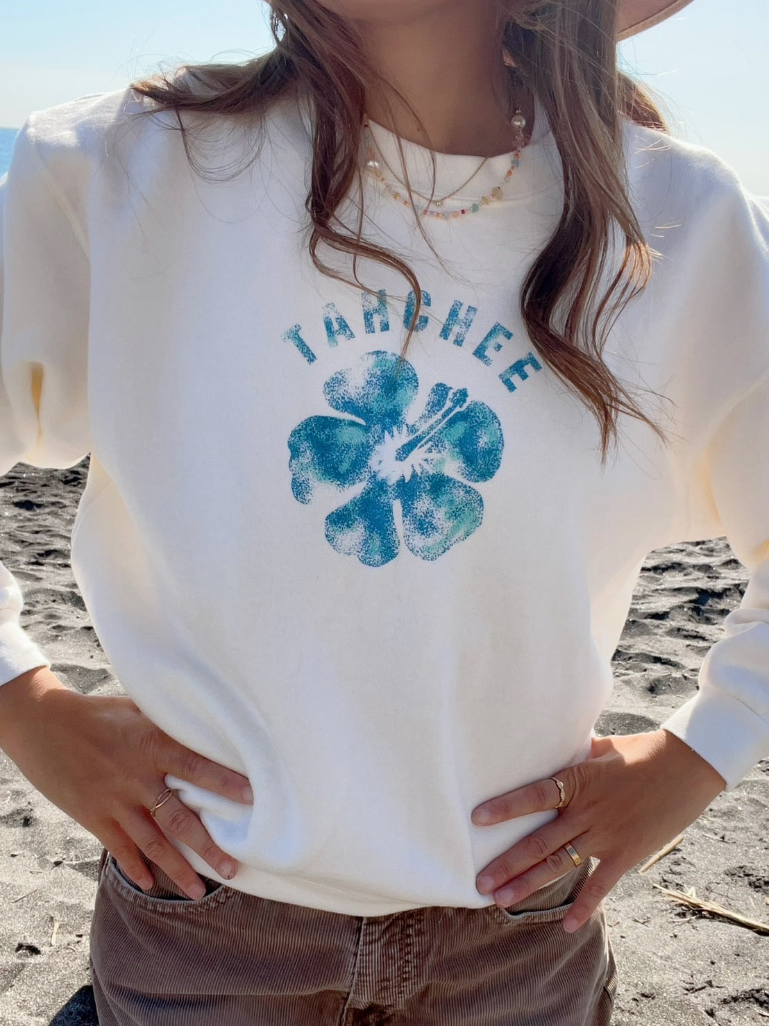 【TAHCHEE】Y2K surf Hibiscus sweat shirts  white (women's M)