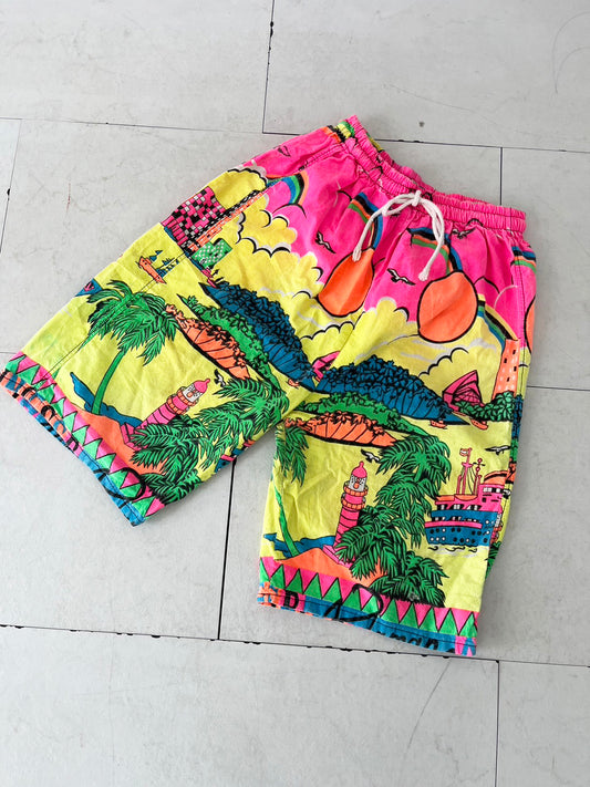 【商品名】【EURO vintage 】 80's Seaside town  vintage beach shorts サーフパンツ 総柄ビーチショーツ (women's M相当）