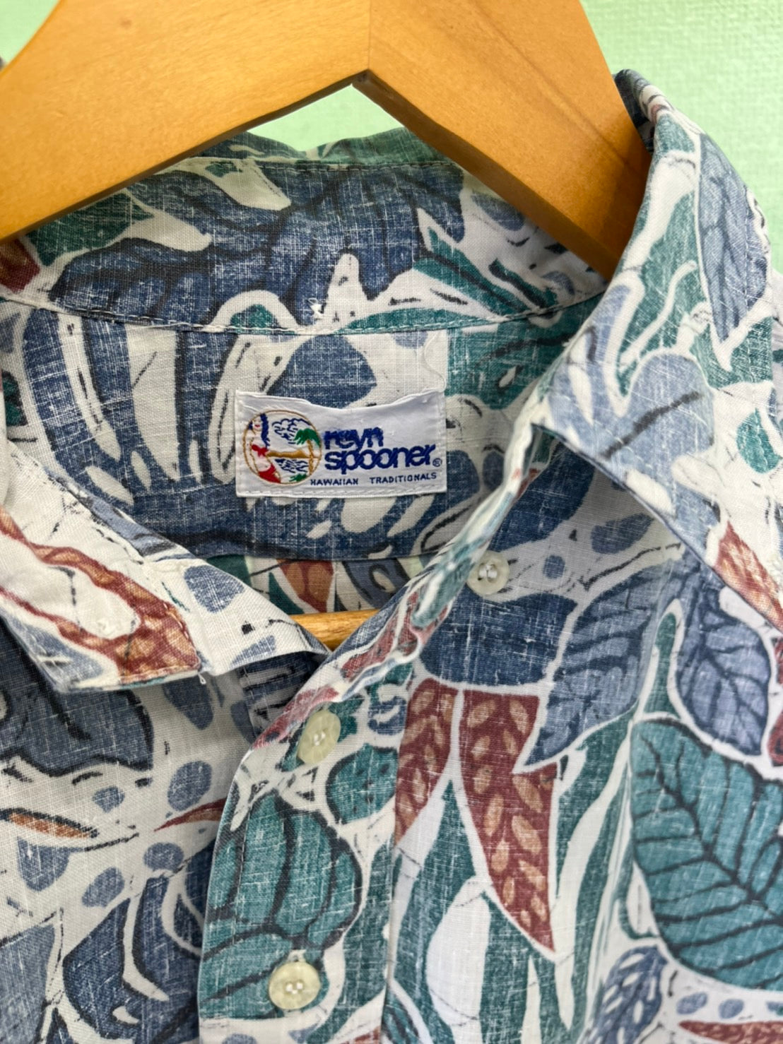 【reyn spooner】All Over Pattan Aloha Shirt 総柄 リーフ プルオーバー ボタンダウン アロハシャツ（men's M相当）