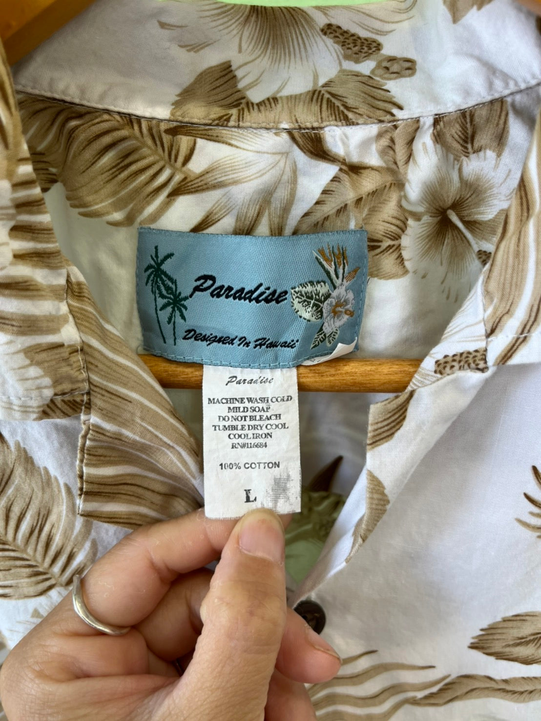 【Paradise】All Over Pattan Cotton Aloha Shirt Designed in hawaii 総柄 リーフ柄 アロハシャツ (men's L)