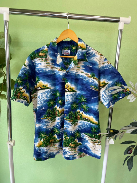 【Hawaii】90's vintage All Over Pattan  Aloha Shirt ハワイ オールオーバーパターン リゾート柄 開襟 アロハシャツ （men's XL)