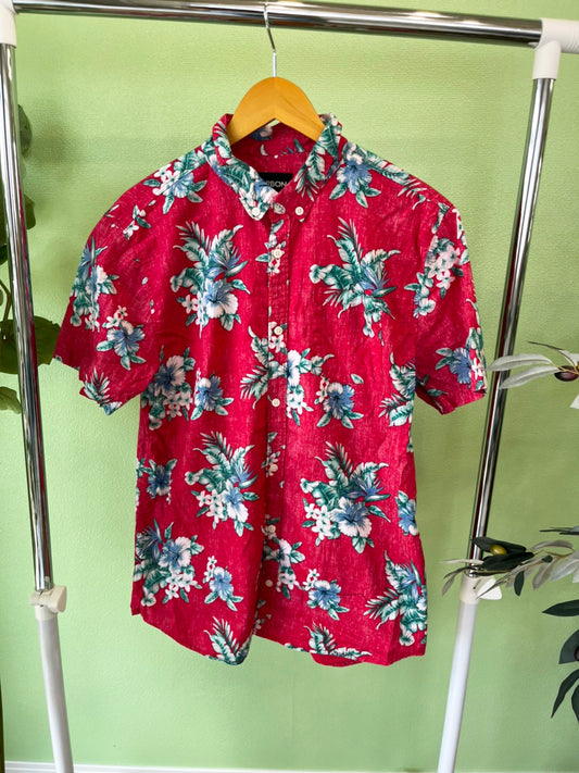 【CARBON】 All Over Pattan cottton Aloha Shirt カーボン オールオーバーパターン ハイビスカス柄 ボタンダウン コットン アロハシャツ（men's XL)