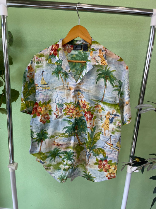 【Lizwear】 All Over Pattan cotton Aloha Shirt  リズウェア オールオーバーパターン リゾート柄 開襟 シルク アロハシャツ （men's M)
