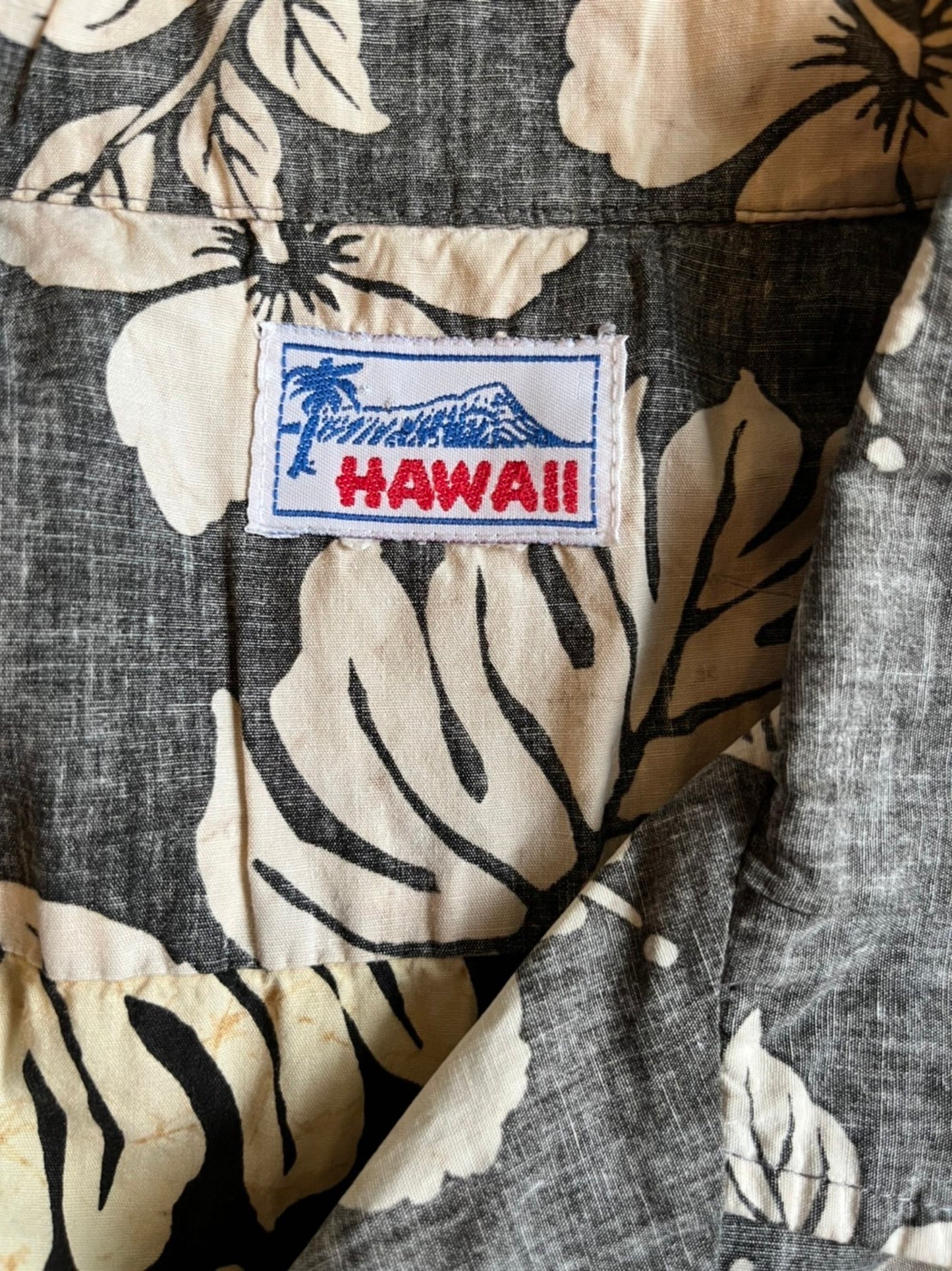 【vintage】90's Hawaii ボーダーパターン ハイビスカス アロハシャツ (men's M相当）