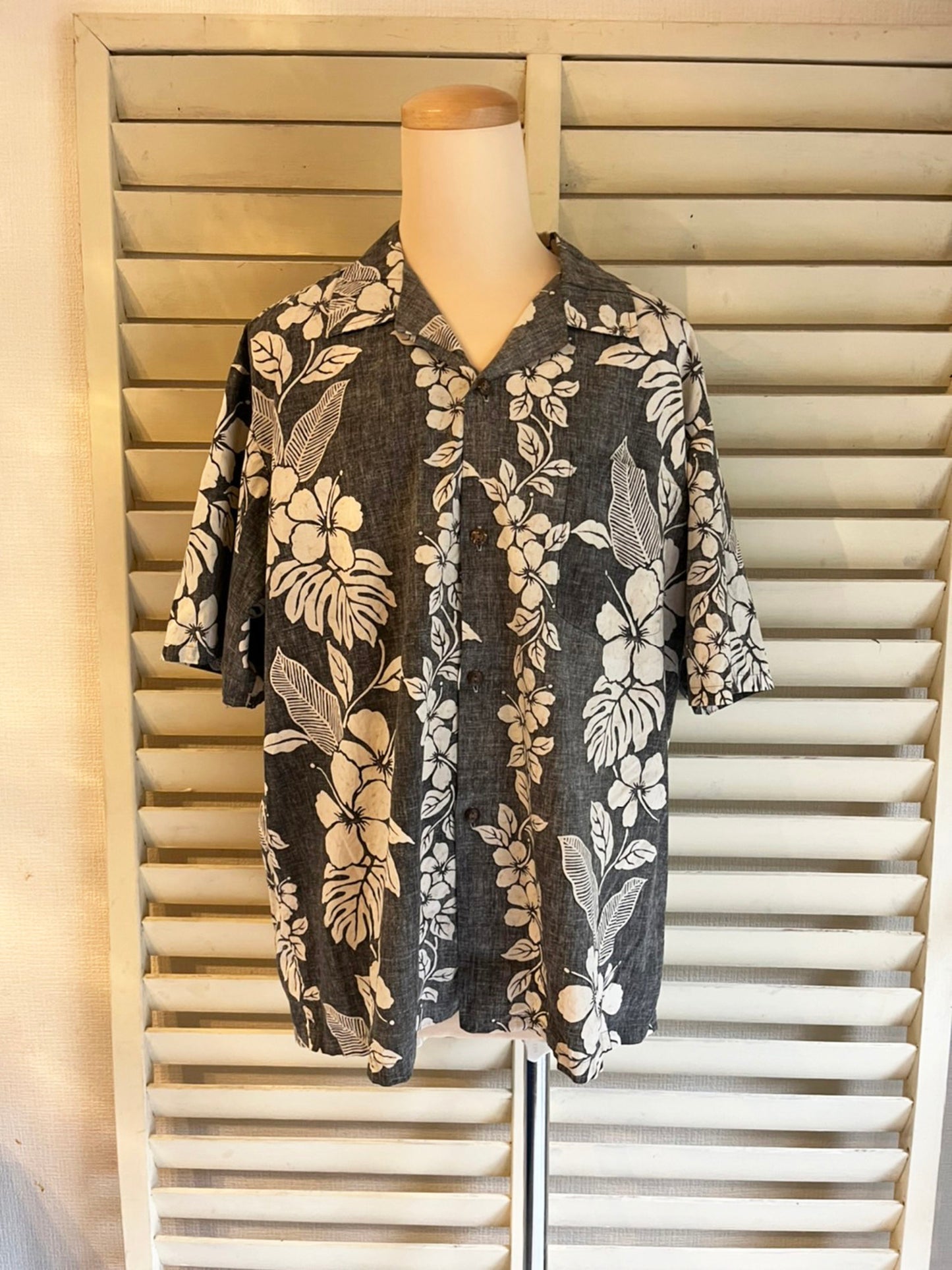 【vintage】90's Hawaii ボーダーパターン ハイビスカス アロハシャツ (men's M相当）