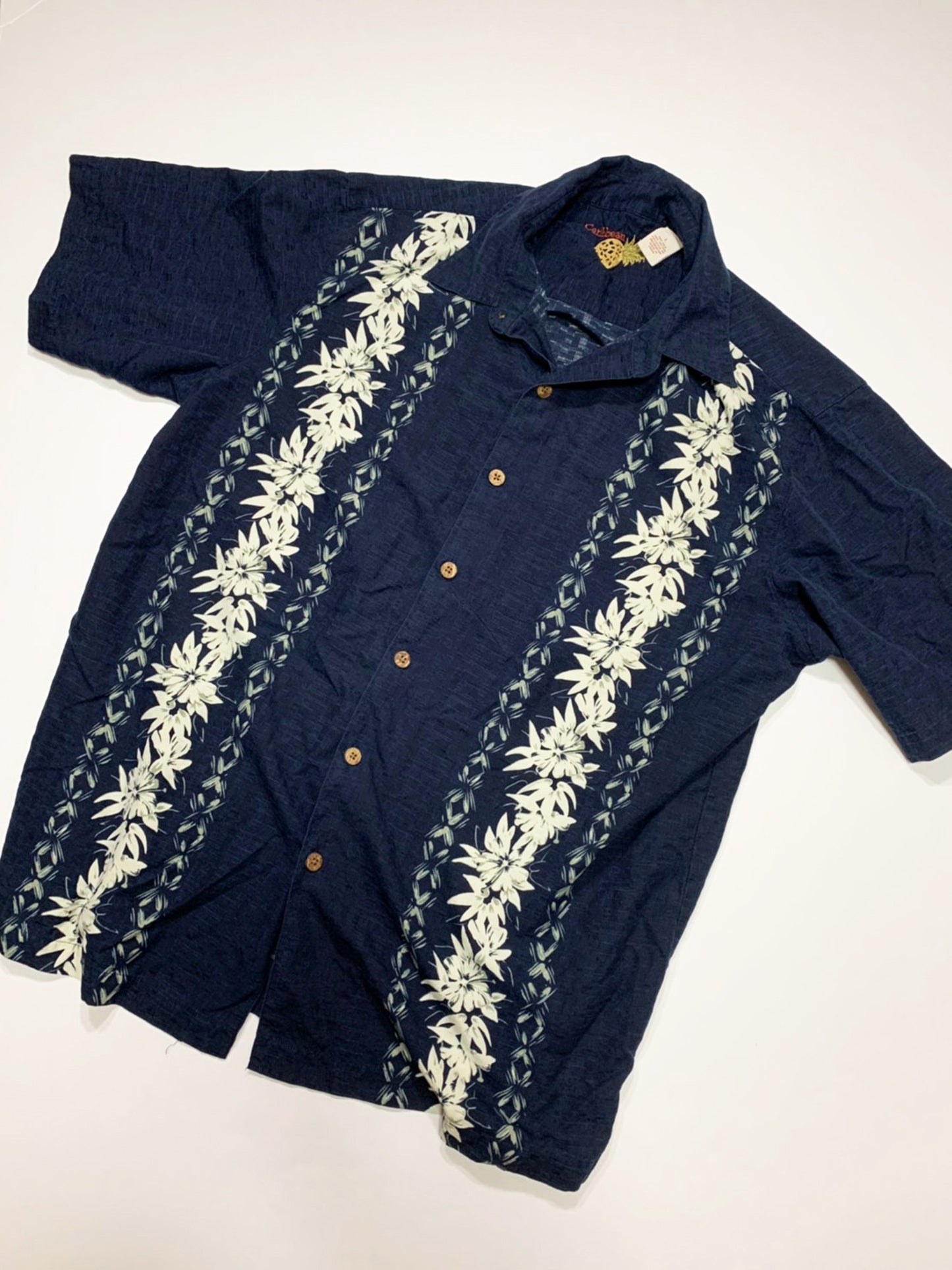 【vintage】caribbean カリビアン アロハシャツ ボーダーパターン シルク×コットン (men's L)