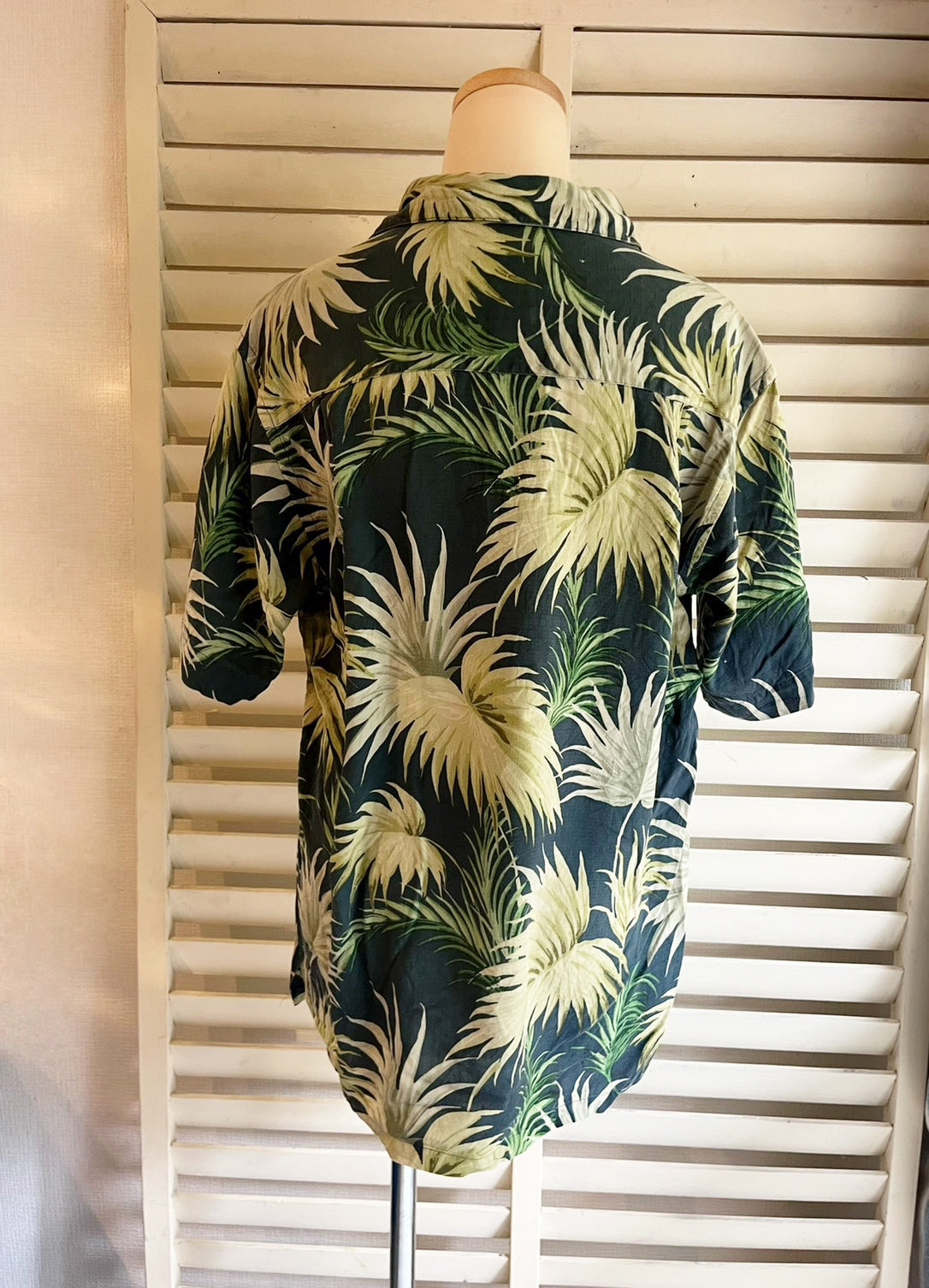 【ALFANI】 All Over Pattan Silk Aloha Shirt アルファニ オールオーバーパターン リーフ柄 開襟 シルク アロハシャツ （men's S)