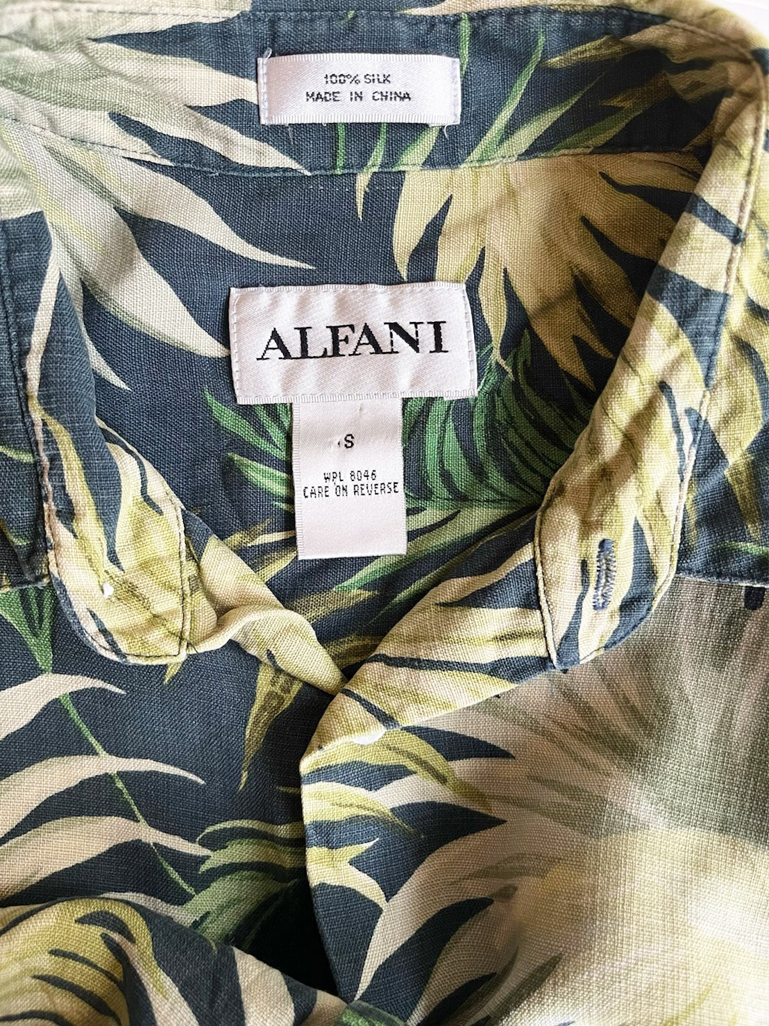 【ALFANI】 All Over Pattan Silk Aloha Shirt アルファニ オールオーバーパターン リーフ柄 開襟 シルク アロハシャツ （men's S)
