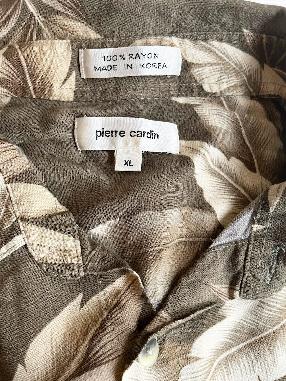 【Pierre Cardin】 All Over Pattan  Aloha Shirt ピエールカルダン オールオーバーパターン リーフ柄 開襟 レーヨン アロハシャツ （men's XL)