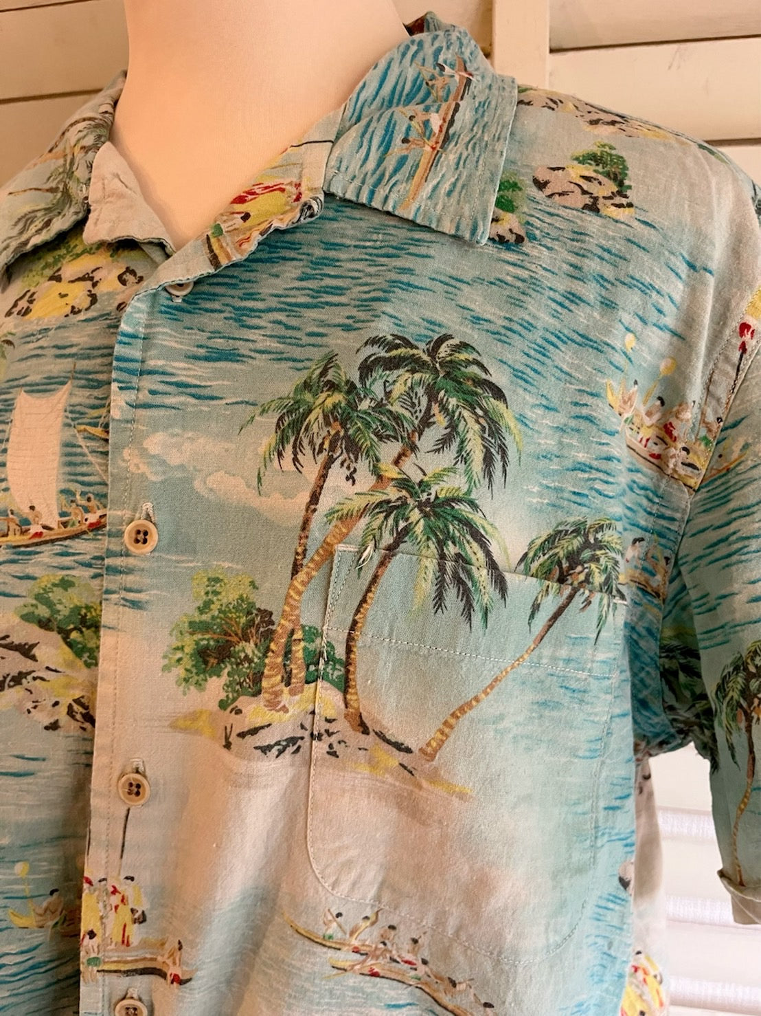 【Lucky Brand】ALL  OVER PATTERN Aloha Shirt ラッキーブランド オールオーバーパターン リゾート柄 開襟  アロハシャツ （men's M)