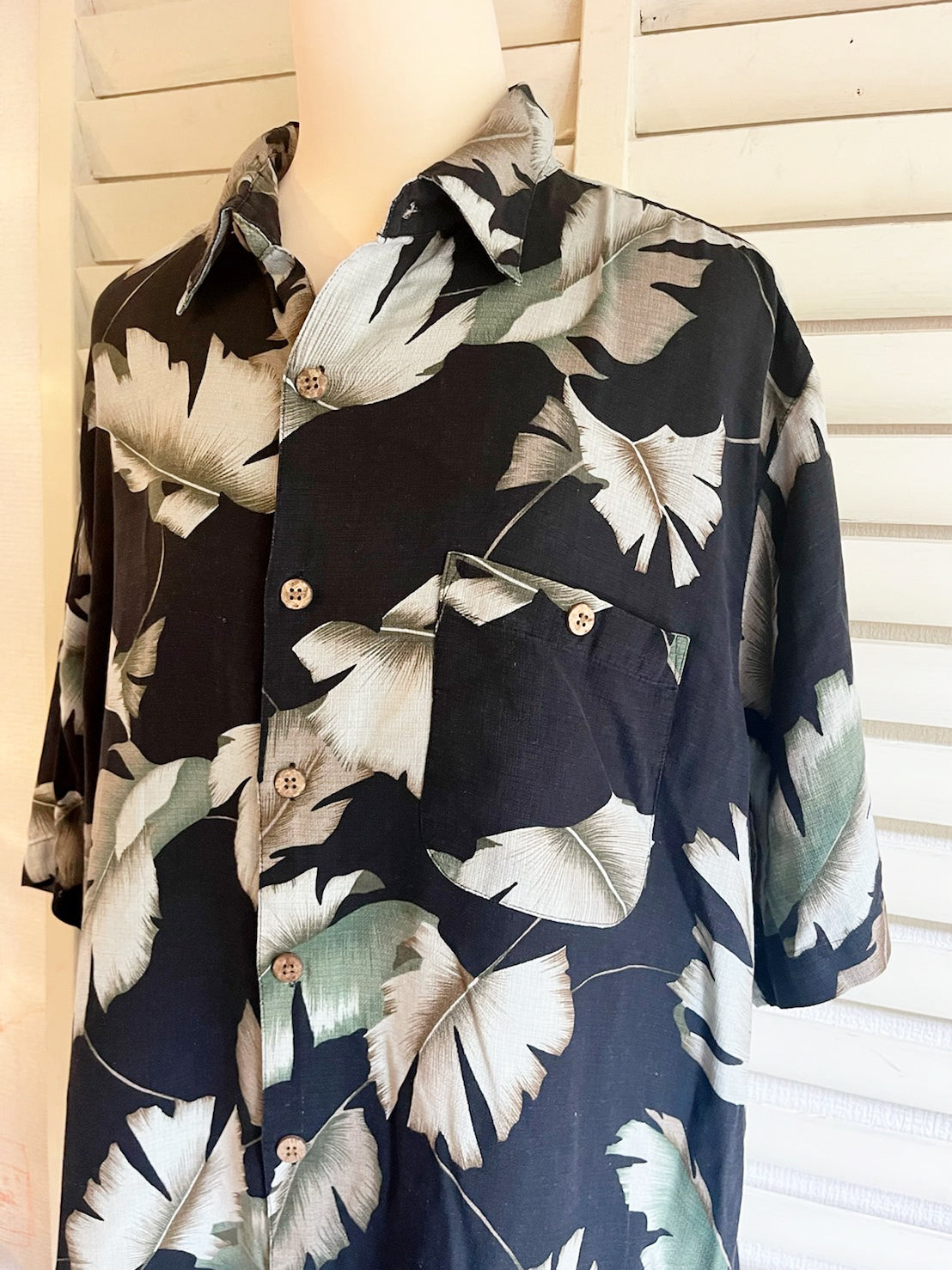 【 Caribbean 】All Over Pattan 90's Silk Aloha Shirt カリビアン オールオーバーパターン リーフ柄 開襟 シルク アロハシャツ （men's XL)